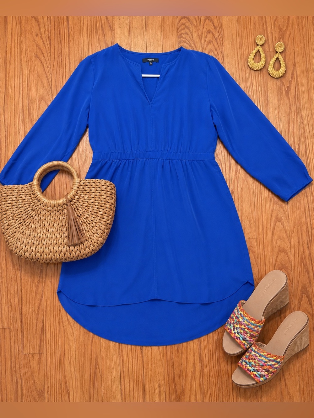 Madewell 100% Mulberry Silk Blue Fit & Flare Dress 3/4 Sleeve Women’s Size 12 - Picture 2 of 8